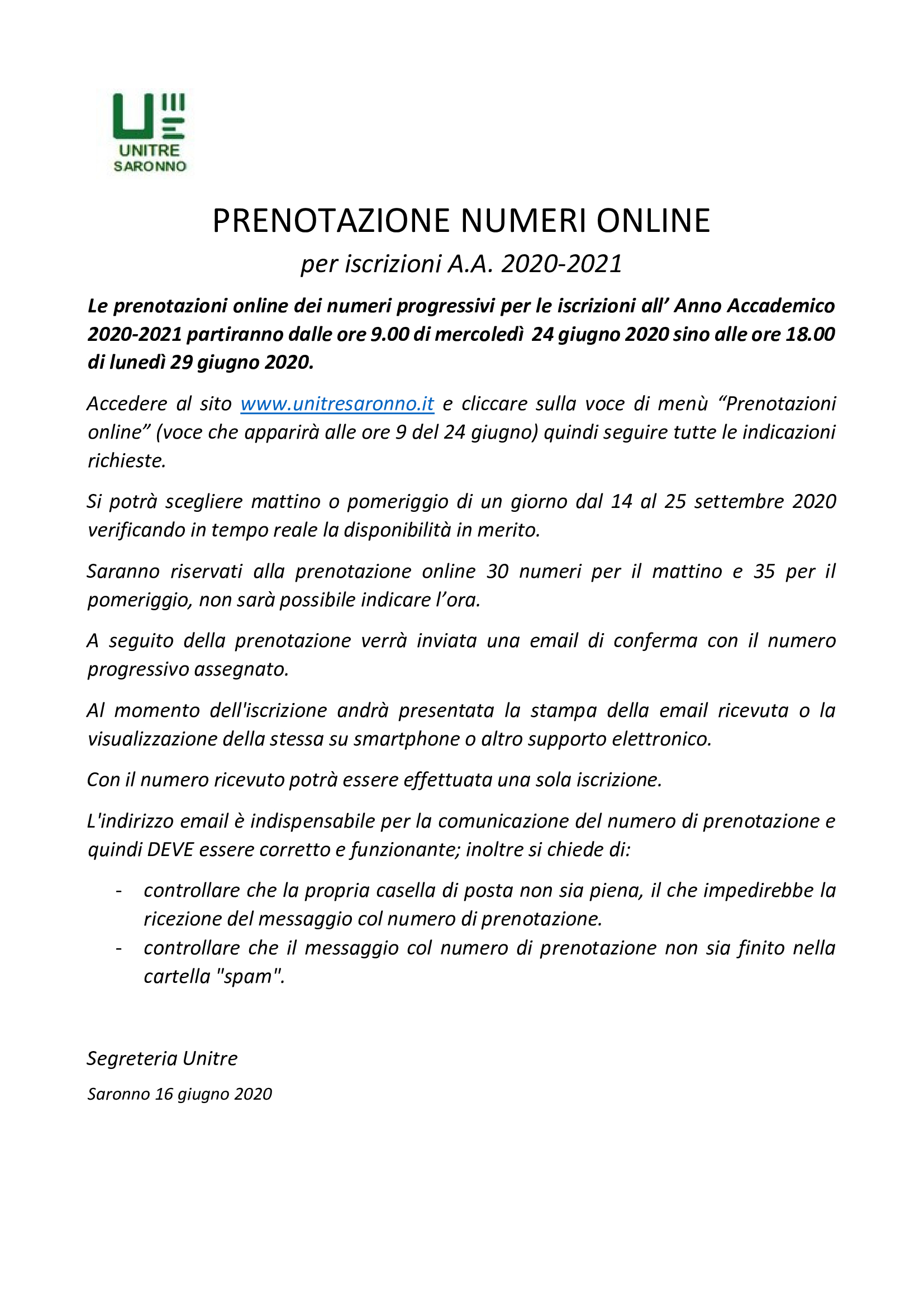 Prenotazione numeri online